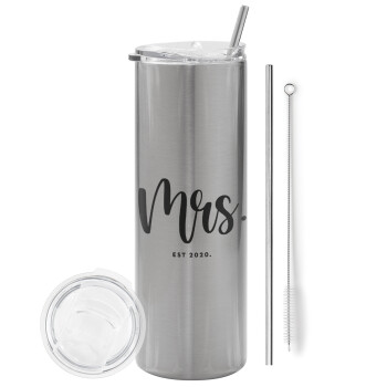 Mr & Mrs (Mrs), Tumbler stainless steel Silver 600ml, with metal straw & cleaning brush