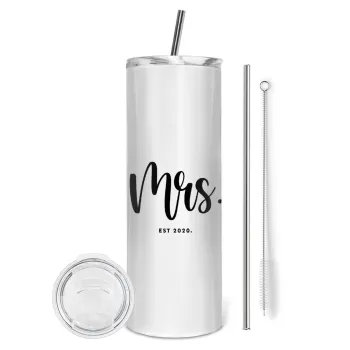 Mr & Mrs (Mrs), Tumbler ποτήρι θερμό από ανοξείδωτο ατσάλι 600ml, με μεταλλικό καλαμάκι & βούρτσα καθαρισμού
