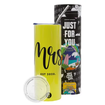 Mr & Mrs (Mrs), Neon Yellow Travel Tumbler θερμό, μεταλλικό καλαμάκι(Ανωξείδωτο 304 Food grade, BPA free, 600ml)