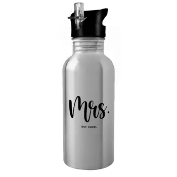 Mr & Mrs (Mrs), Water bottle Silver with straw, stainless steel 600ml