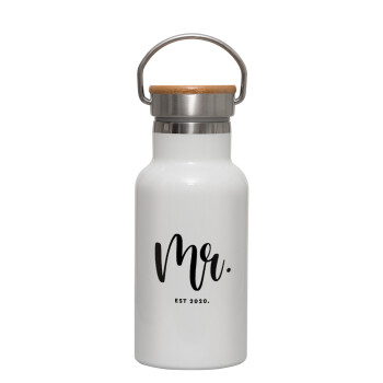 Mr & Mrs (Mr), Metallic thermos (Stainless steel) White with wooden lid (bamboo), double-walled, 350ml