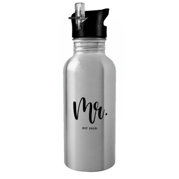 Mr & Mrs (Mr), Water bottle Silver with straw, stainless steel 600ml