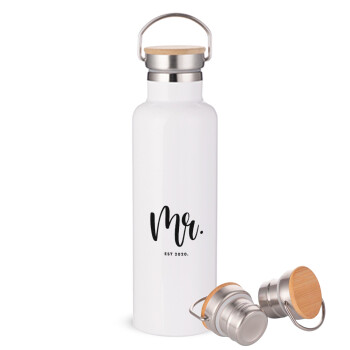 Mr & Mrs (Mr), Stainless steel White with wooden lid (bamboo), double wall, 750ml