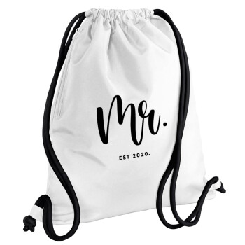 Mr & Mrs (Mr), Τσάντα πλάτης πουγκί GYMBAG λευκή, με τσέπη (40x48cm) & χονδρά κορδόνια