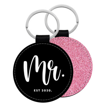 Mr & Mrs (Mr), Μπρελόκ Δερματίνη, στρογγυλό ΡΟΖ (5cm)