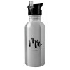 Water bottle Silver with straw, stainless steel 600ml