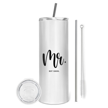Mr & Mrs (Mr), Eco friendly stainless steel tumbler 600ml, with metal straw & cleaning brush