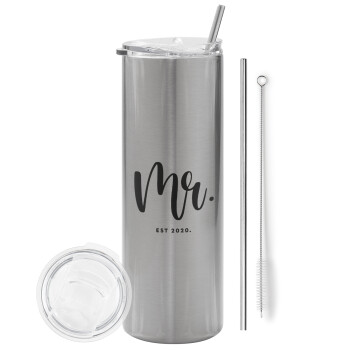 Mr & Mrs (Mr), Eco friendly stainless steel Silver tumbler 600ml, with metal straw & cleaning brush