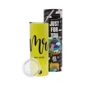 Mr & Mrs (Mr), Neon Yellow Travel Tumbler θερμό, μεταλλικό καλαμάκι(Ανωξείδωτο 304 Food grade, BPA free, 600ml)