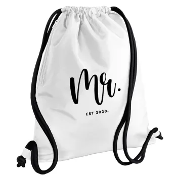 Mr & Mrs (Mr), Backpack pouch GYMBAG white, with pocket (40x48cm) & thick cords