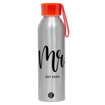 Mr & Mrs (Mr), Αλουμινένιο Αθλητικό Μπουκάλι 650ml – Ασημί με Κόκκινο Καπάκι και Λουράκι Σιλικόνης