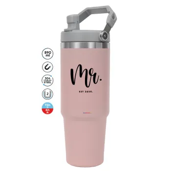 Mr & Mrs (Mr), Pink color, 890ml (30oz) stainless Steel Tumbler with Handle
