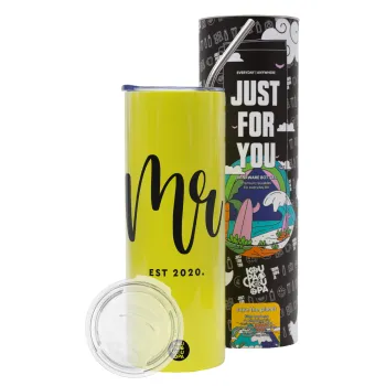 Mr & Mrs (Mr), Neon Yellow Travel Tumbler θερμό, μεταλλικό καλαμάκι(Ανωξείδωτο 304 Food grade, BPA free, 600ml)