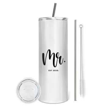 Mr & Mrs (Mr), Tumbler ποτήρι θερμό από ανοξείδωτο ατσάλι 600ml, με μεταλλικό καλαμάκι & βούρτσα καθαρισμού