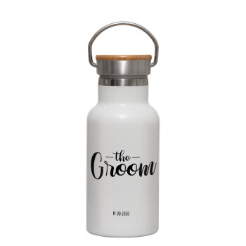 Groom & Bride (Groom), Metallic thermos (Stainless steel) White with wooden lid (bamboo), double-walled, 350ml