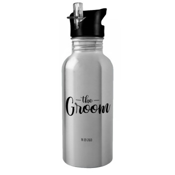 Groom & Bride (Groom), Water bottle Silver with straw, stainless steel 600ml