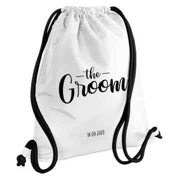 Groom & Bride (Groom), Backpack pouch GYMBAG white, with pocket (40x48cm) & thick cords