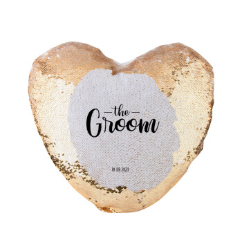Groom & Bride (Groom), Μαξιλάρι καναπέ καρδιά Μαγικό Χρυσό με πούλιες 40x40cm περιέχεται το  γέμισμα