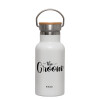 Metallic thermos (Stainless steel) White with wooden lid (bamboo), double-walled, 350ml