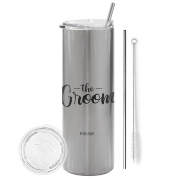 Groom & Bride (Groom), Eco friendly stainless steel Silver tumbler 600ml, with metal straw & cleaning brush