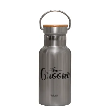 Groom & Bride (Groom), Stainless steel metallic thermos flask, silver with a bamboo lid, double-walled, 350ml.