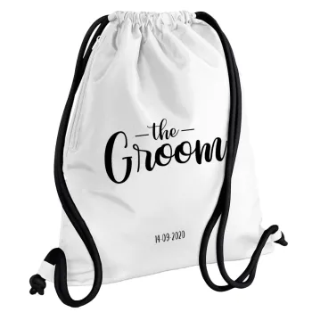 Groom & Bride (Groom), Backpack pouch GYMBAG white, with pocket (40x48cm) & thick cords