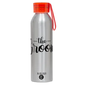 Groom & Bride (Groom), Αλουμινένιο Αθλητικό Μπουκάλι 650ml – Ασημί με Κόκκινο Καπάκι και Λουράκι Σιλικόνης
