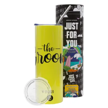 Groom & Bride (Groom), Neon Yellow Travel Tumbler θερμό, μεταλλικό καλαμάκι(Ανωξείδωτο 304 Food grade, BPA free, 600ml)