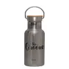 Stainless steel metallic thermos flask, silver with a bamboo lid, double-walled, 350ml.
