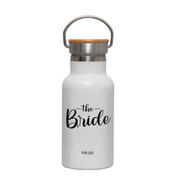 Groom & Bride (Bride), Μεταλλικό παγούρι θερμός (Stainless steel) Λευκό με ξύλινο καπακι (bamboo), διπλού τοιχώματος, 350ml