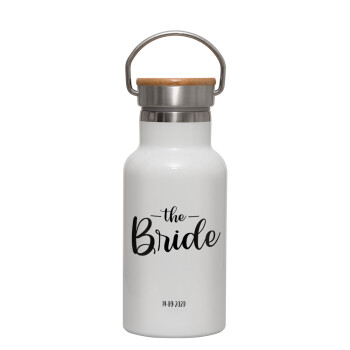 Groom & Bride (Bride), Metallic thermos (Stainless steel) White with wooden lid (bamboo), double-walled, 350ml