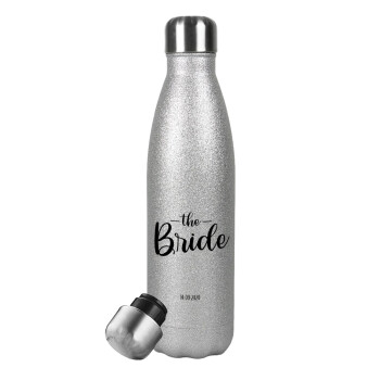 Groom & Bride (Bride), Μεταλλικό παγούρι θερμός Glitter Aσημένιο (Stainless steel), διπλού τοιχώματος, 500ml