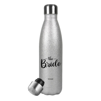 Groom & Bride (Bride), Μεταλλικό παγούρι θερμός Glitter Aσημένιο (Stainless steel), διπλού τοιχώματος, 500ml