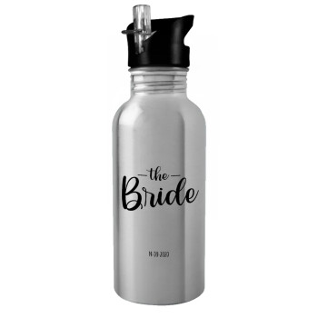 Groom & Bride (Bride), Water bottle Silver with straw, stainless steel 600ml