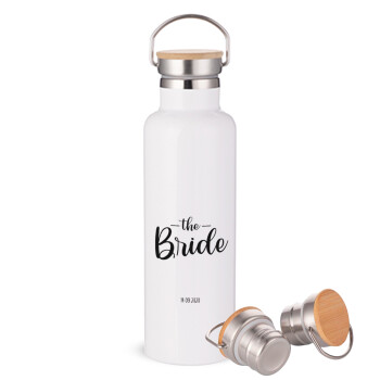 Groom & Bride (Bride), Μεταλλικό παγούρι θερμός (Stainless steel) Λευκό με ξύλινο καπακι (bamboo), διπλού τοιχώματος, 750ml