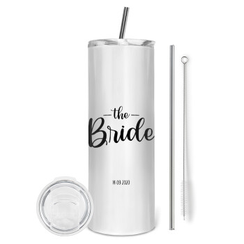 Groom & Bride (Bride), Eco friendly stainless steel tumbler 600ml, with metal straw & cleaning brush