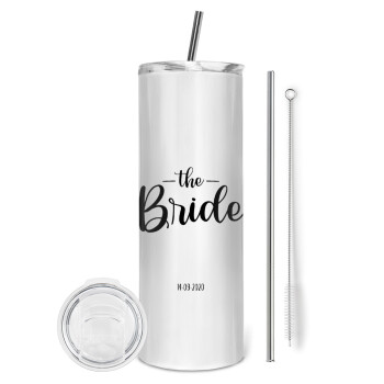 Groom & Bride (Bride), Tumbler ποτήρι θερμό από ανοξείδωτο ατσάλι 600ml, με μεταλλικό καλαμάκι & βούρτσα καθαρισμού