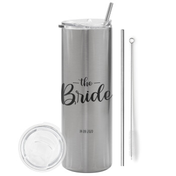 Groom & Bride (Bride), Tumbler stainless steel Silver 600ml, with metal straw & cleaning brush