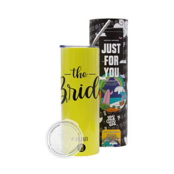 Groom & Bride (Bride), Neon Yellow Travel Tumbler θερμό, μεταλλικό καλαμάκι(Ανωξείδωτο 304 Food grade, BPA free, 600ml)