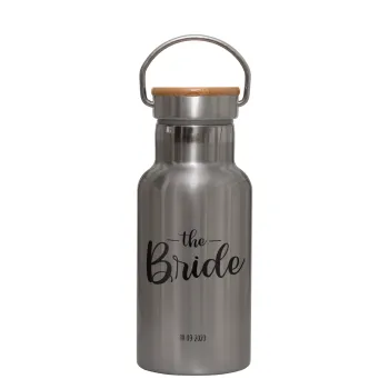 Groom & Bride (Bride), Stainless steel metallic thermos flask, silver with a bamboo lid, double-walled, 350ml.