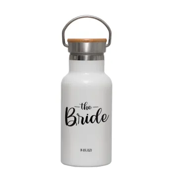 Groom & Bride (Bride), Metallic thermos (Stainless steel) White with wooden lid (bamboo), double-walled, 350ml