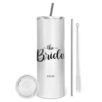 Groom & Bride (Bride), Tumbler ποτήρι θερμό από ανοξείδωτο ατσάλι 600ml, με μεταλλικό καλαμάκι & βούρτσα καθαρισμού