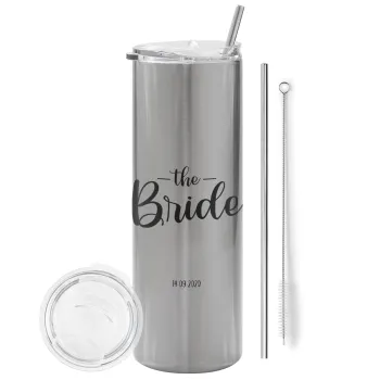 Groom & Bride (Bride), Tumbler ποτήρι θερμό Ασημένιο από ανοξείδωτο ατσάλι 600ml, με μεταλλικό καλαμάκι & βούρτσα καθαρισμού