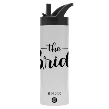 Groom & Bride (Bride), Μεταλλικό παγούρι θερμός με καλαμάκι & χειρολαβή, ανοξείδωτο ατσάλι (Stainless steel 304), διπλού τοιχώματος, 600ml