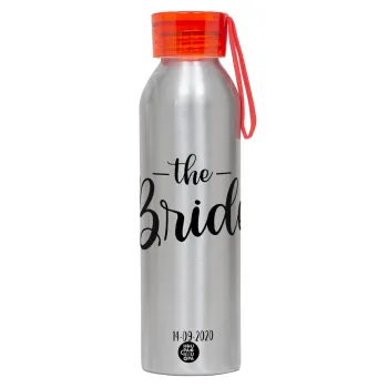 Groom & Bride (Bride), Αλουμινένιο Αθλητικό Μπουκάλι 650ml – Ασημί με Κόκκινο Καπάκι και Λουράκι Σιλικόνης