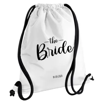 Groom & Bride (Bride), Backpack pouch GYMBAG white, with pocket (40x48cm) & thick cords