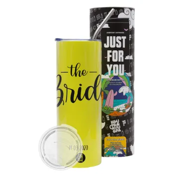 Groom & Bride (Bride), Neon Yellow Travel Tumbler θερμό, μεταλλικό καλαμάκι(Ανωξείδωτο 304 Food grade, BPA free, 600ml)
