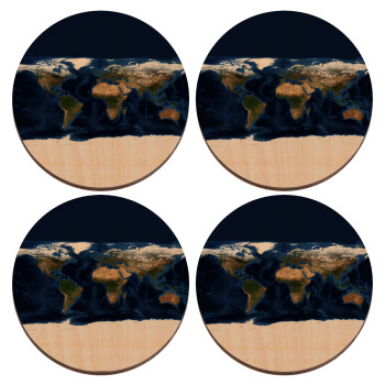 Earth map, ΣΕΤ x4 Σουβέρ ξύλινα στρογγυλά plywood (9cm)