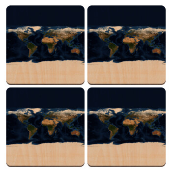 Earth map, ΣΕΤ x4 Σουβέρ ξύλινα τετράγωνα plywood (9cm)