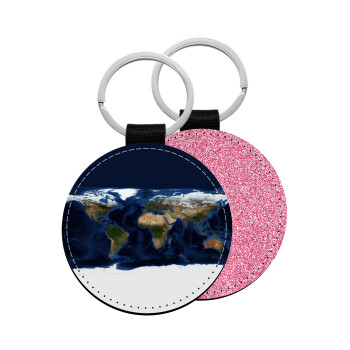 Earth map, Μπρελόκ Δερματίνη, στρογγυλό ΡΟΖ (5cm)